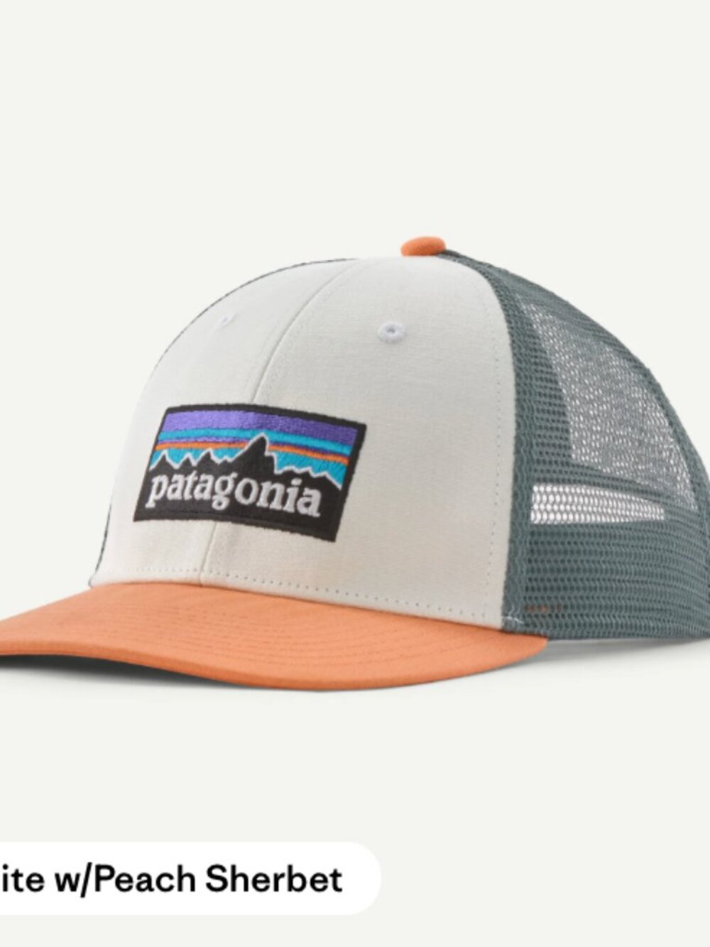 patagonia P-6 Logo LoPro Trucker Hat Cap - White w/ Peach Sherbet